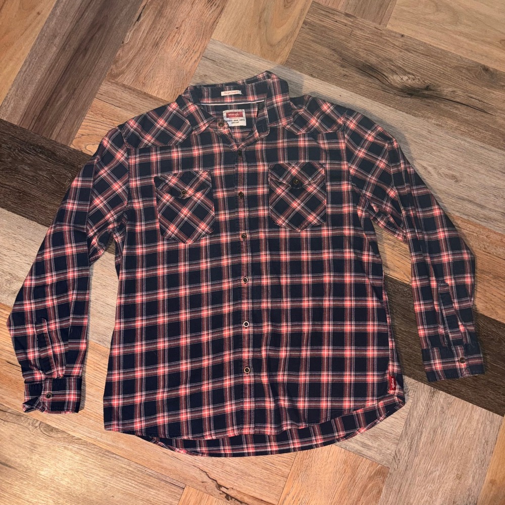 Wrangler Mens XL Flex for Comfort Plaid Button Down Western Shirt Navy Blue Red